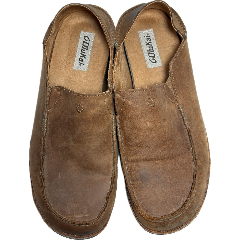 Olukai Moloa Mens Leather Slip On Shoes Loafers Brown Casual Comfort Size 12
